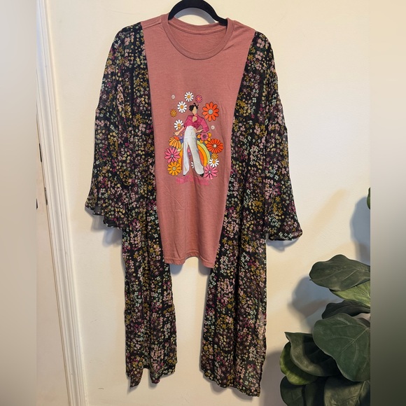 Harry Styles Graphic Tee with Floral Kimono Upcycled - Picture 1 of 5